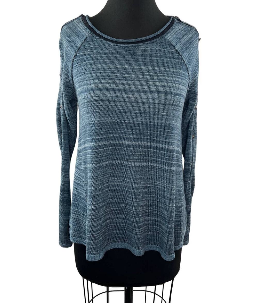 FREE PEOPLE We The Free Blue Rolled Round Neck Cotton Blend Long Sleeve Top XS